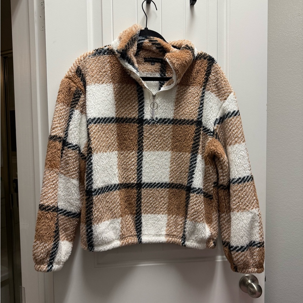 Plaid Fleece Pullover Sweater - Tan and White